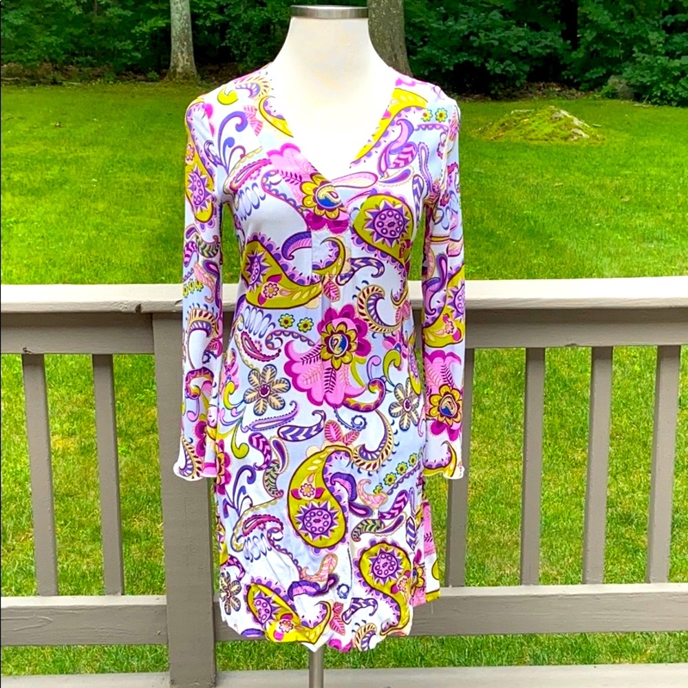 BOHO Jenny Helene V Neck Paisley Bell Sleeve Dress Size M